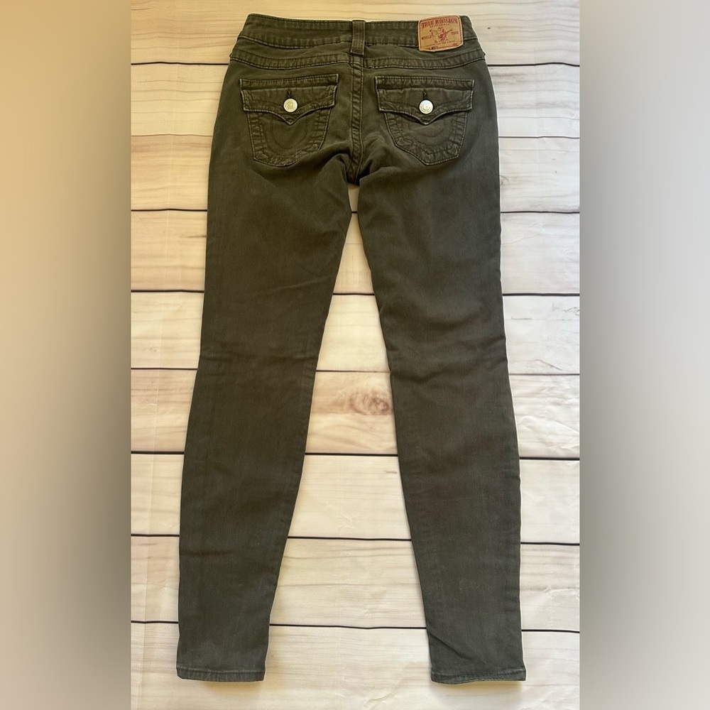True Religion Women’s 27x29 Misty Green Flap Pocket Stretch Skinny Jeans Vintage